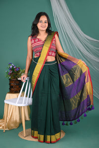 Bottle Green Mul Mul Cotton Saree with Multicolour Pallu & Printed Blouse