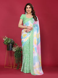 Pista Green & Pastel Multicolour Printed Moss Chiffon Silk Saree