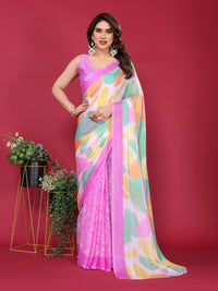 Purple & Pastel Multicolour Printed Moss Chiffon Silk Saree