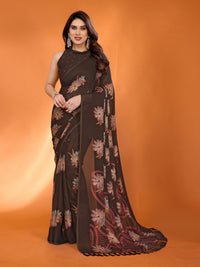 Brown Dull Moss Silk Floral Printed Saree with Zari Work & Tassel Pallu