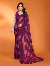 Purple Dull Moss Silk Floral Printed Saree with Zari Work & Tassel Pallu