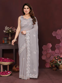 Grey Georgette Silk Embroidered Saree with Floral Embroidery & Unstitched Blouse