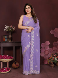Lavender Georgette Silk Embroidered Saree with Floral Border & Unstitched Blouse