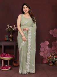Pista Green Georgette Silk Embroidered Saree with Floral Border & Unstitched Blouse