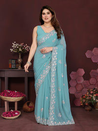 Turquoise Blue Georgette Silk Embroidered Saree with Floral Border & Unstitched Blouse