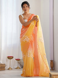 Orange & Yellow Gold Crush Silk Embroidered Saree with Scalloped Border & Roto Banglori Silk Blouse