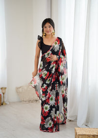 Black Georgette Silk Floral Printed Saree with Mirror Work Border & Unstitched Blouse