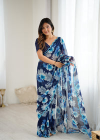 Navy Blue Georgette Silk Floral Printed Saree with Mirror Work Border & Unstitched Blouse