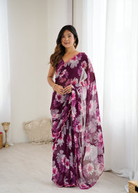Wine Purple Georgette Silk Floral Printed Saree with Mirror Work Border & Unstitched Blouse