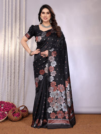 Black Banarasi Silk Floral Weaving Saree with Woven Border & Unstitched Blouse