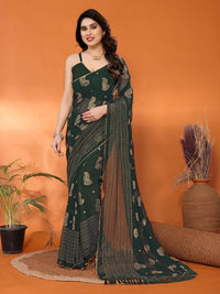 Green Georgette Silk Saree with Foil Work, Lace Border & Tassel Pallu