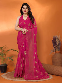 Rani Pink Georgette Silk Saree with Foil Work, Lace Border & Tassel Pallu