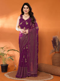 Wine Purple Georgette Silk Saree with Foil Work, Lace Border & Tassel Pallu