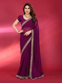 Wine Satin Chiffon Georgette Silk Saree with Rich Embroidery Lace Border & Unstitched Blouse