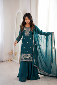 Premium Crunchy Silk Embroidered Kurta with Flared Sharara & Dupatta Set Teal Blue