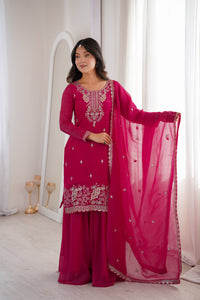 Premium Crunchy Silk Embroidered Kurta with Flared Sharara & Dupatta Set Dark Rani Pink