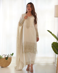 Ivory White Embroidered Chinon Silk Straight Kurta with Dupatta & Trouser Set