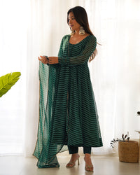 Bottle Green Leheriya Printed Georgette Flared Anarkali Gown with Dupatta & Pant Set