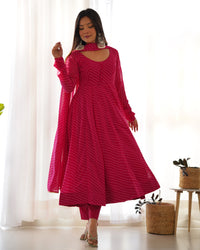 Rani Pink Leheriya Printed Georgette Flared Anarkali Gown with Dupatta & Pant Set