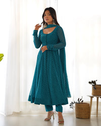Teal Blue Leheriya Printed Georgette Flared Anarkali Gown with Dupatta & Pant Set