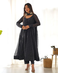 Black Leheriya Printed Georgette Flared Anarkali Gown with Dupatta & Pant Set