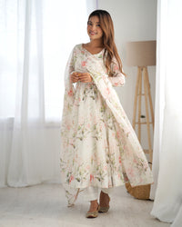 Off-White Floral Printed Organza Silk Flared Anarkali Gown with Dupatta & Pant Set