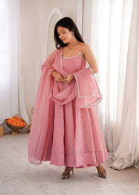 Baby Pink Crunchy Silk Swarovski Work Flared Anarkali Gown with Dupatta & Pant Set