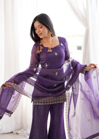 Deep Purple Crunchy Silk Embroidered Kurta with Bell Bottom Pants & Dupatta Set
