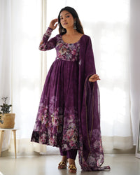 Wine Purple Floral Printed Soft Organza Silk Flared Anarkali Gown with Dupatta & Pant Set