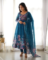 Teal Blue Floral Printed Soft Organza Silk Flared Anarkali Gown with Dupatta & Pant Set