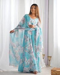 Sky Blue Floral Printed Fox Georgette Flared Anarkali Gown with Dupatta Set