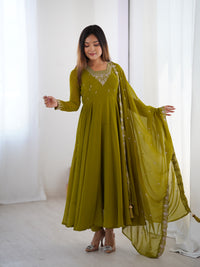 Mehendi Green Embroidered Georgette Flared Anarkali Gown with Dupatta & Pant Set