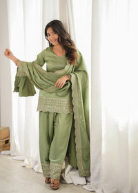 Sage Green Romansilk Chanderi Embroidered Kurta Pant Set with Matching Dupatta