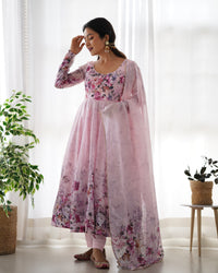 Baby Pink Floral Printed Soft Organza Silk Flared Anarkali Gown with Dupatta & Pant Set