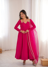 Dark Rani Pink Romansilk Chanderi Flared Anarkali Gown with Net Dupatta & Pant Set