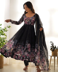 Black Floral Printed Soft Organza Silk Flared Anarkali Gown with Dupatta & Pant Set