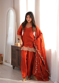 Rust Orange Glass Roman Silk Embroidered Kurta with Farshi Salwar & Dupatta Set