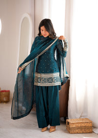 Deep Teal Blue Fendy Silk Embroidered Kurta with Farshi Salwar & Dupatta Set
