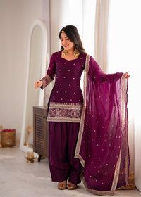 Wine Purple Fendy Silk Embroidered Kurta with Farshi Salwar & Dupatta Set