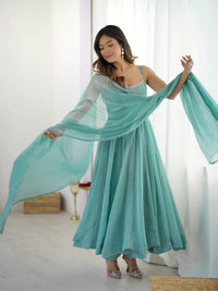 Sea Green Crunchy Silk Swarovski Work Flared Anarkali Gown with Dupatta & Pant Set