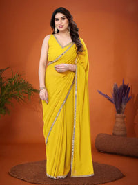 Lemon Yellow Georgette Silk Solid Saree with Mirror Work Lace Border & Unstitched Blouse