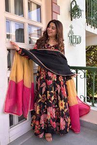 Black Multicolour Floral Printed Flared Anarkali Suit Set with Dupatta