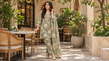 Indian woman wearing a sage green printed co-ord set with matching trousers in a modern café.