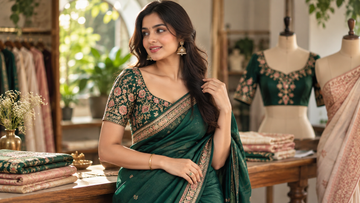Indian woman wearing a contrasting embroidered blouse with a graceful saree, showing detailed blouse craftsmanship.