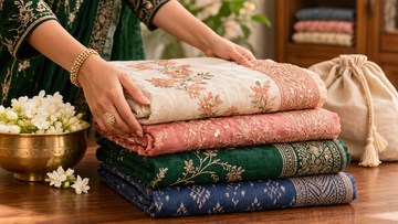 Neatly folded embroidered sarees in pastel and jewel colours arranged on a wooden table for fabric care and storage.