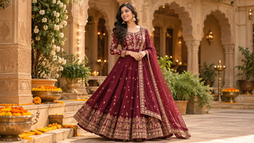 Indian woman in a flowing wine-maroon embroidered Anarkali gown with dupatta at a festive celebration.