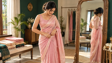 Indian woman arranging saree pleats in front of a full-length mirror at home.