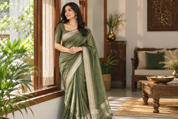  Indian woman in a muted olive Khadi cotton saree with minimal jewellery in a bright modern home.