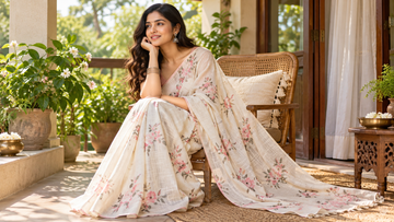 Indian woman in a soft pastel floral Mulmul cotton saree relaxing on a sunlit veranda.