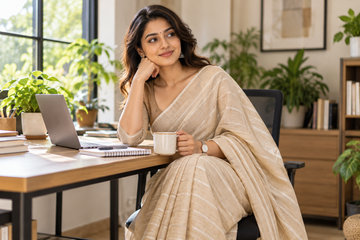 Professional Indian woman wearing a beige linen cotton saree in a contemporary office.
